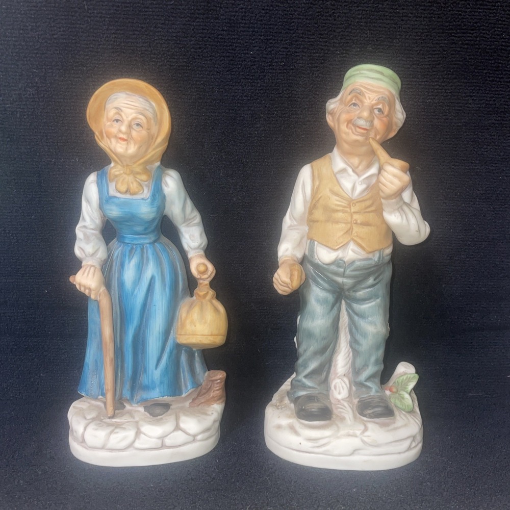 Vintage Porcelain‎ Bisque Old Man (missing umbrella) & Old Woman with Cane 8.5"